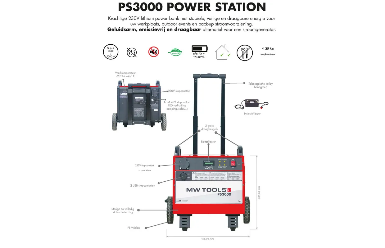 Power station 230 V 2405 Wh 3.5 kW industrieel met trolley MW Tools